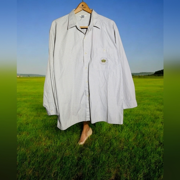 Hardy Aimes Sz L Tan Striped Button-Up Shirt with Embroidered Logo - Picture 1 of 7